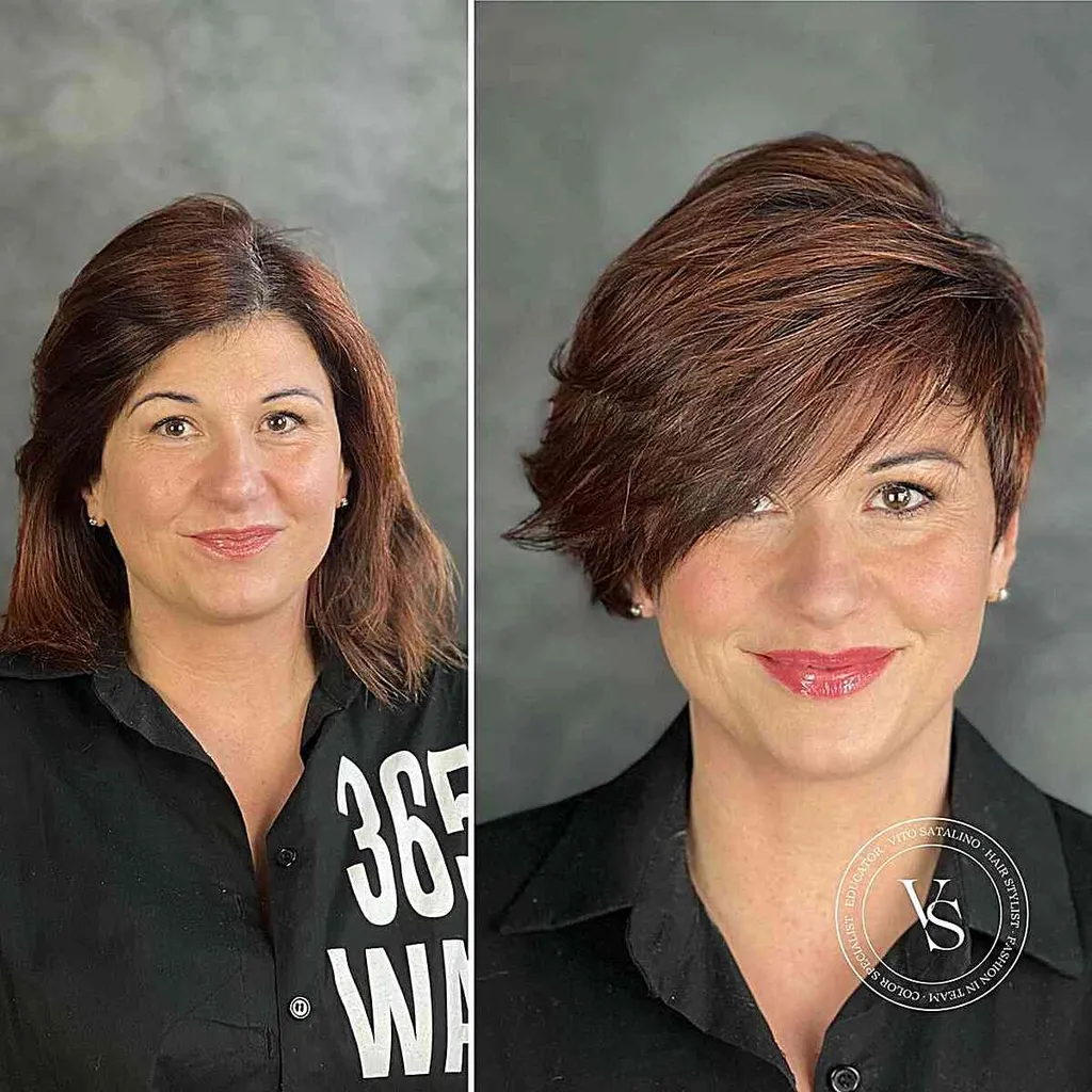 Deeply Side-Parted Bixie Strih pre ženy s hustými vlasmi' title=