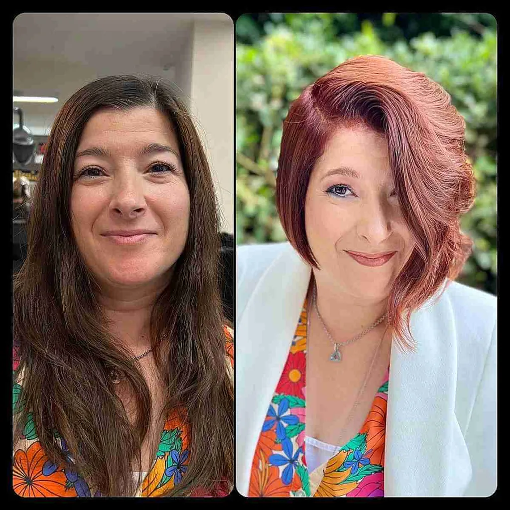 Červený huňatý asymetrický strih s hlbokou bočnou časťou' title=