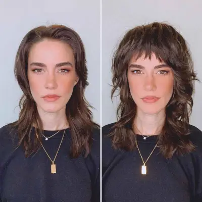 medium-length shag with choppy bangs for long face shapes