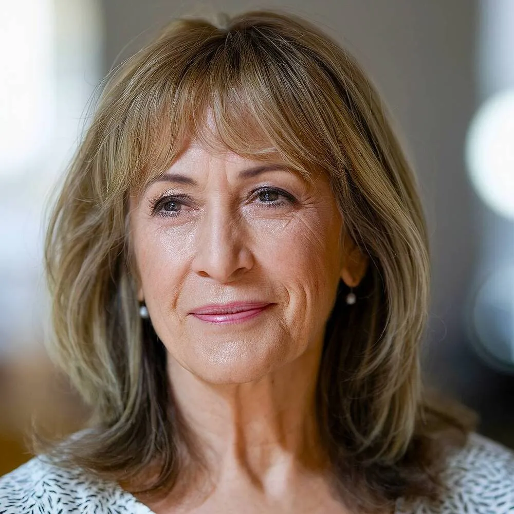 Fryzura do ramion z miękkimi warstwami i grzywką, idealna dla kobiet po 60. roku życia, poszukujących młodzieńczego wyglądu' title=