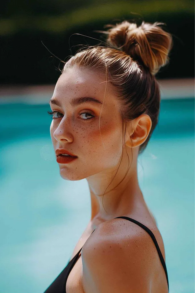Femme avec un chignon haut portant un maillot de bain noir' title=