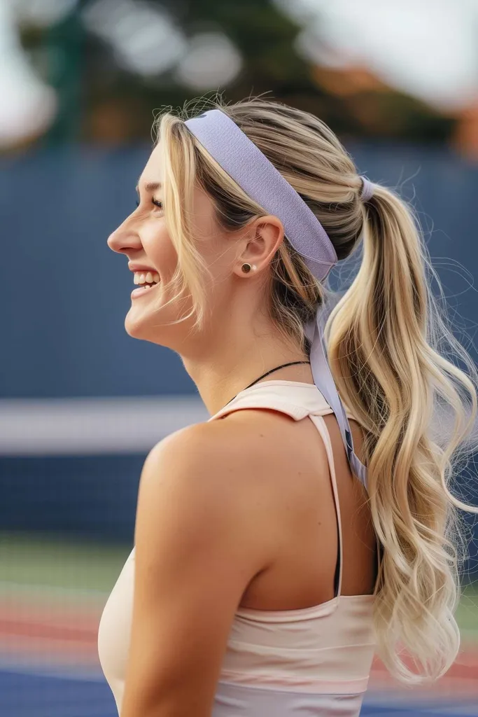 テニスコートでのウェーブのかかった髪のためのヘッドバンド付きハイポニーテール' title=