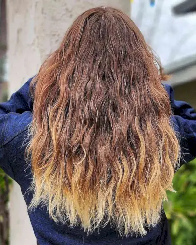 Long Brown Body Wave Permed Hair with Blonde Tips