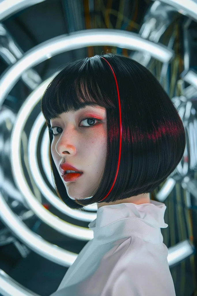 Radialni kroj z zaobljenim topim bobom z ravnim frufrujem in rdečimi podtoni' title=