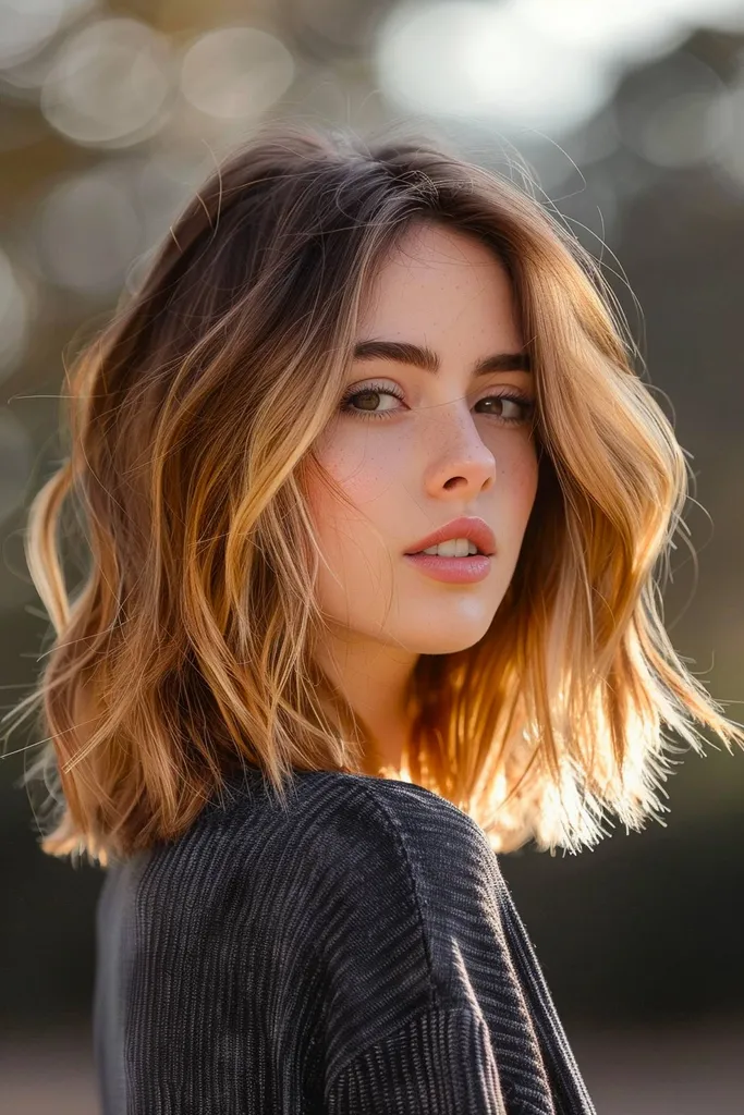 Pričeska Switchform z ohlapnimi valovi in ​​karamelnim balayageom za srednje goste lase' title=