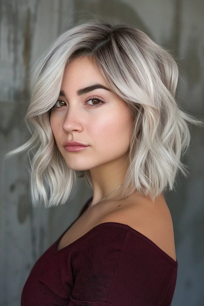 Striženje Edgewave z razmršenimi valovi in ​​ledeno blond poudarki za tanke do srednje goste lase' title=