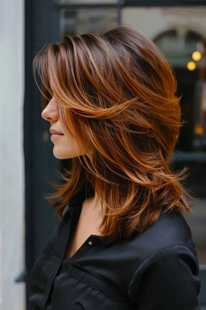 Stratacut frizura s pernatimi plastmi srednje dolžine in toplimi bakrenimi poudarki za goste lase' title=