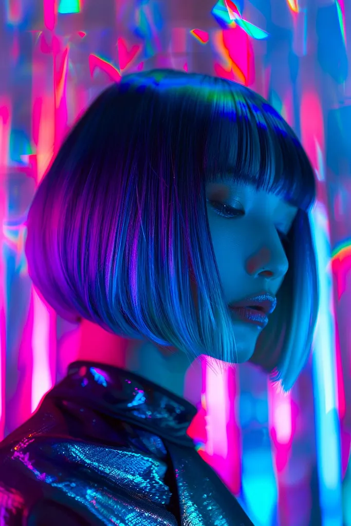 Prismical striženje z elegantnim poševnim bobom in ravnim šiškom za tanke ali srednje dolge lase' title=