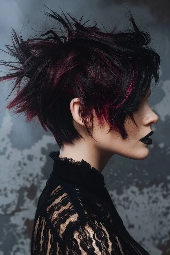 Vortex striženje z asimetričnimi koničastimi plastmi in drznimi bordo poudarki za goste lase' title=