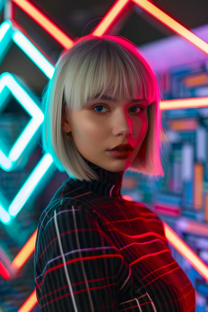 Pikselski bob s topim rezom na liniji čeljusti in polnim frufrujem za drzen strukturiran videz' title=