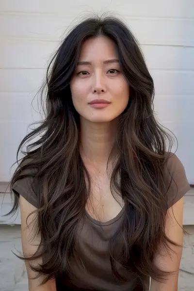 Long wavy layered hair with curtain bangs for an Asian woman