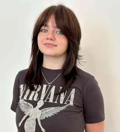 Hush Cut Medium Shaggy Layers and See-Through Bangs