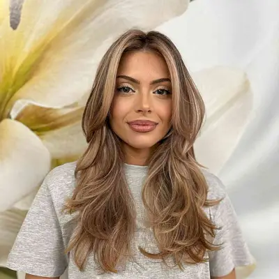 Chic Long Light Brown Tresses with Long Bangs for Heart Faces