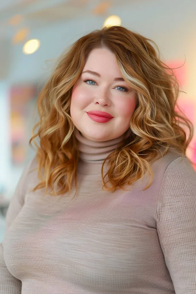 Middels lang myk shag-hårklipp for runde ansikter med flatterende lag' title=