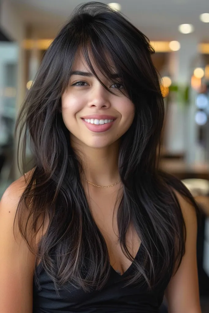 Lang shag cut med teksturerte lag og sidesmell' title=