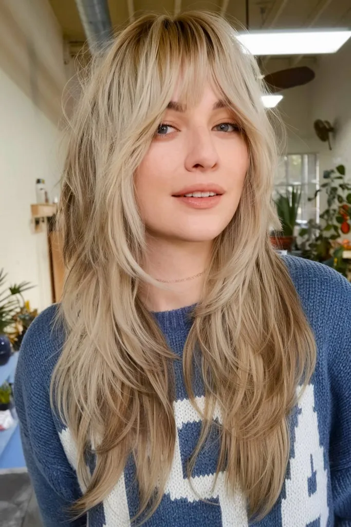 Kudłata fryzura inspirowana latami 60. z grzywką kurtynową' title=