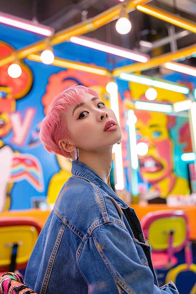 Ung kvinna med kort rosa hår och surrande sidor' title=