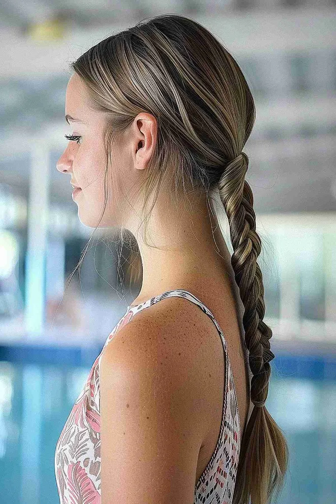 Vista lateral de uma mulher com um rabo de cavalo baixo trançado simples, ideal para cabelos longos e um visual arrumado no parque aquático' title=