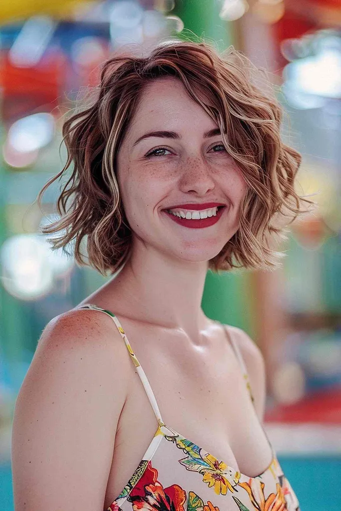 Vista frontal de uma mulher com um penteado bob texturizado, ideal para cabelos curtos e perfeito para um visual despreocupado no parque aquático' title=