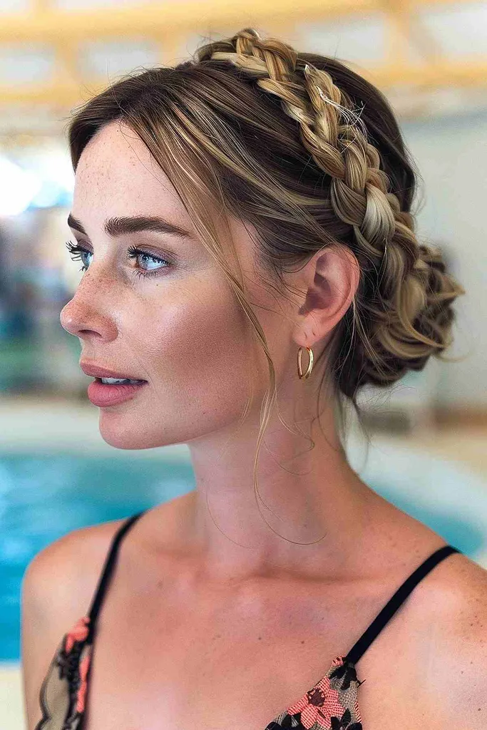 Vista lateral de uma mulher com penteado em forma de coroa trançada e coque baixo, ideal para cabelos médios a longos no parque aquático' title=