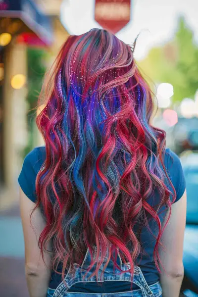 Long, wavy hair with red and blue colors and glitter for 4th of July