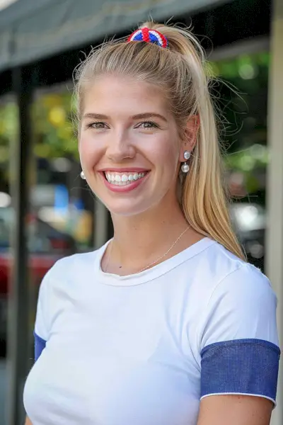 High ponytail with a red, white, and blue scrunchie for 4th of July