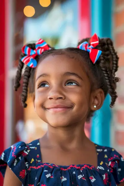 Toddler with pigtails and red, white, and blue bows for 4th of July
