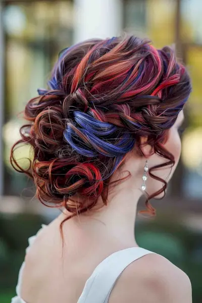 Curly updo with red and blue highlights for 4th of July