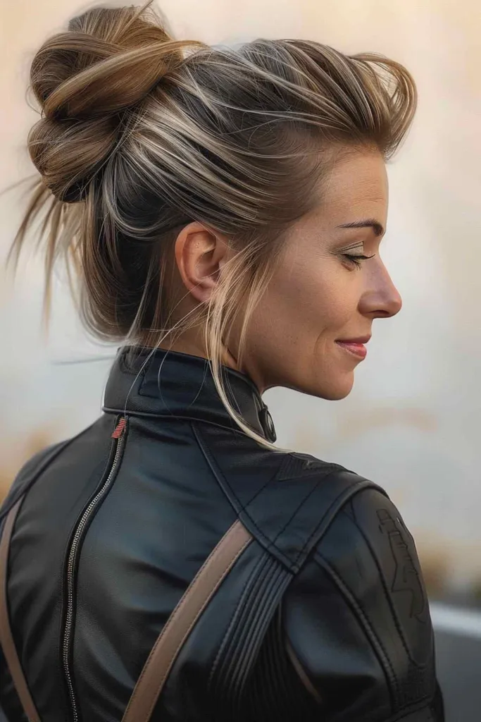 Femme avec un chignon en désordre dans une veste de motard' title=
