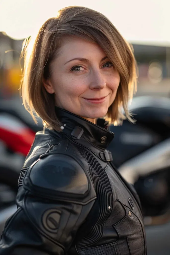 Femme avec un carré asymétrique dans une veste de motard' title=