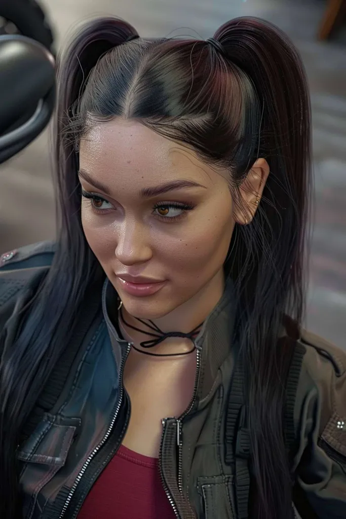 Femme avec des nattes hautes dans une veste de motard' title=