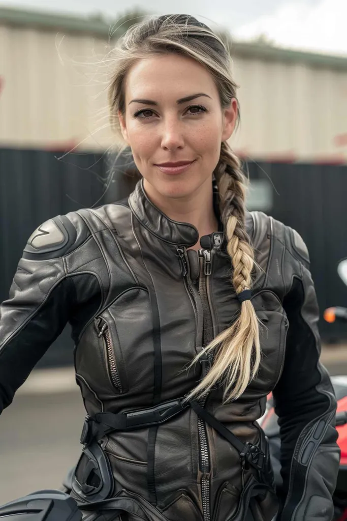 Femme avec une longue coiffure tressée en tenue de motard' title=