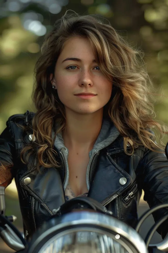 Femme aux cheveux ondulés naturels dans une veste de motard' title=