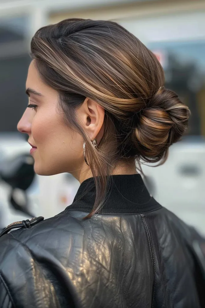 Femme avec un chignon bas élégant dans une veste de motard' title=