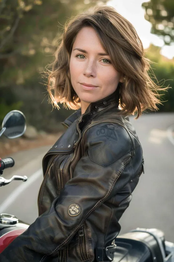 Femme avec une coiffure courte ébouriffée dans une veste de motard' title=