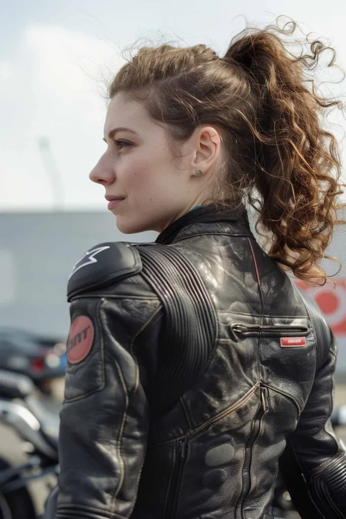 Femme avec une queue de cheval haute et bouclée dans une tenue de motard' title=