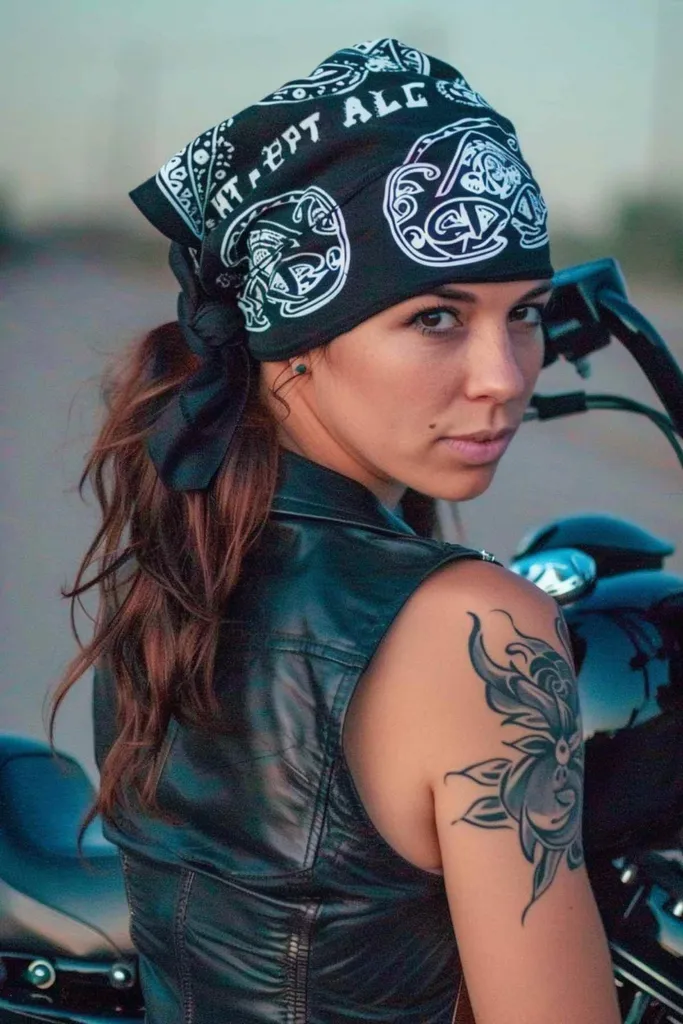 Femme avec une queue de cheval bandana décontractée dans une tenue de motard' title=