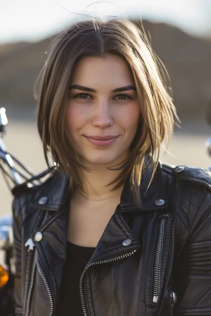 Femme avec un carré agité dans une veste de motard' title=