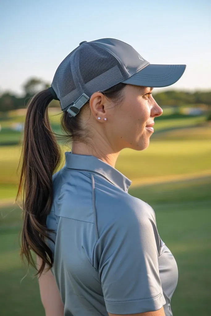 Ženska z zaščitnim čopom in golf pričesko s kapo' title=