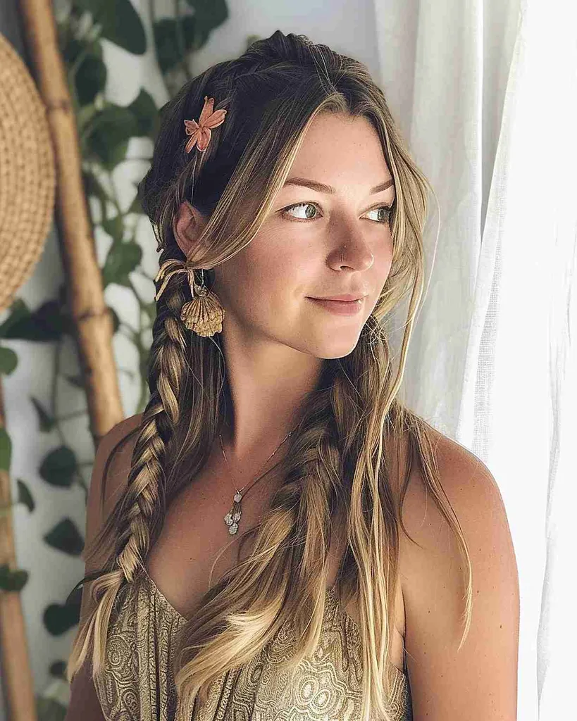 Donna degli anni '30 con trecce a coda di pesce di ispirazione boho e un accessorio floreale per capelli' title=