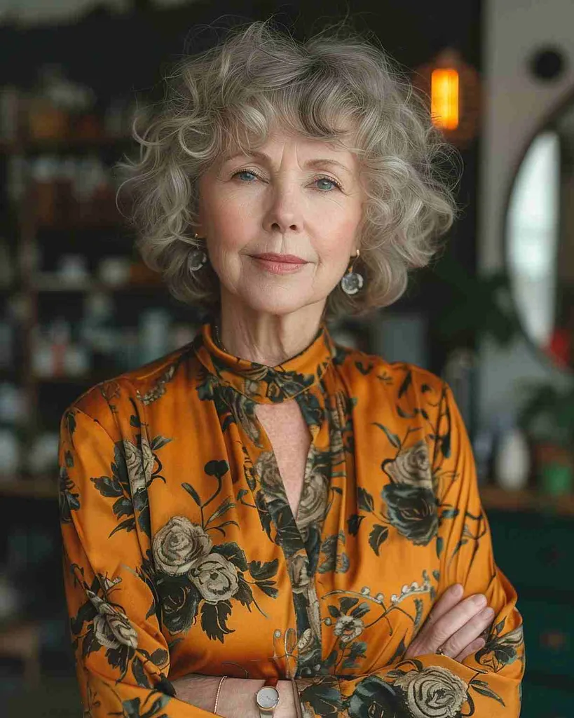 Donna dei primi anni '70 con un'acconciatura riccia e frangia naturalmente grigia' title=