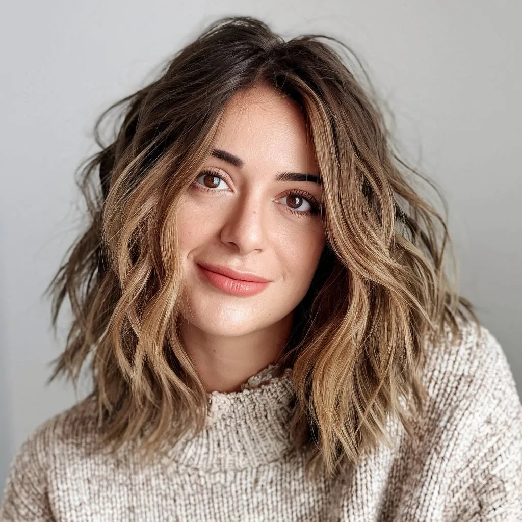 Peinado despeinado con ondas texturizadas y un marco sutil del rostro.' title=