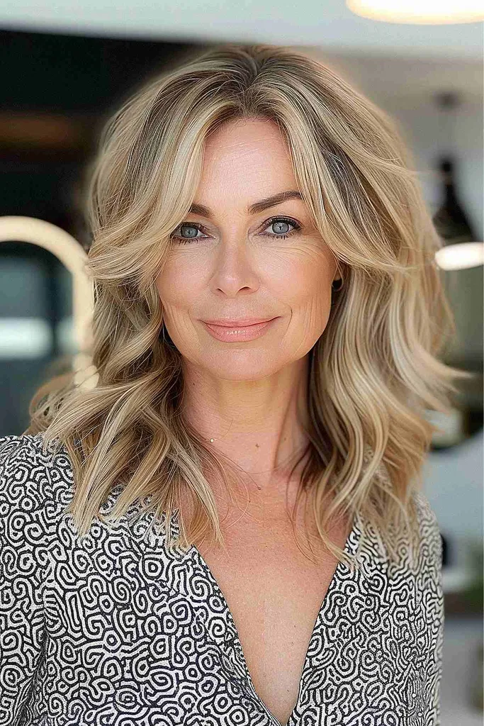 Ondas sencillas hasta los hombros con raya central' title=