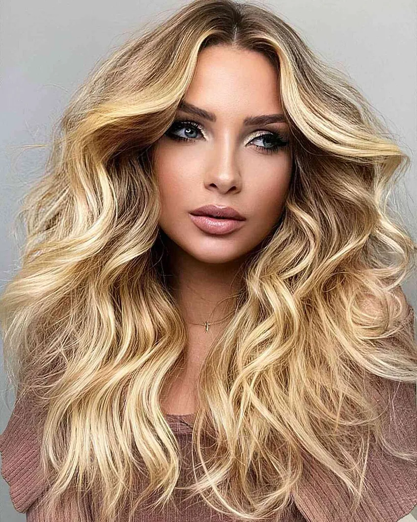 Hermosa explosión rubia con raya en medio para mujeres con cabello largo en capas' title=
