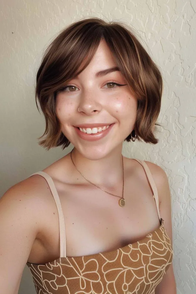 Bob tineresc stratificat, cu breton cortină și lumini de balayage' title=