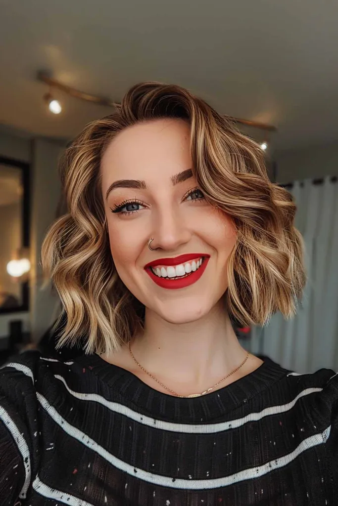 Lob ondulat plin de farmec, cu reflexe blonde și partea laterală adâncă' title=