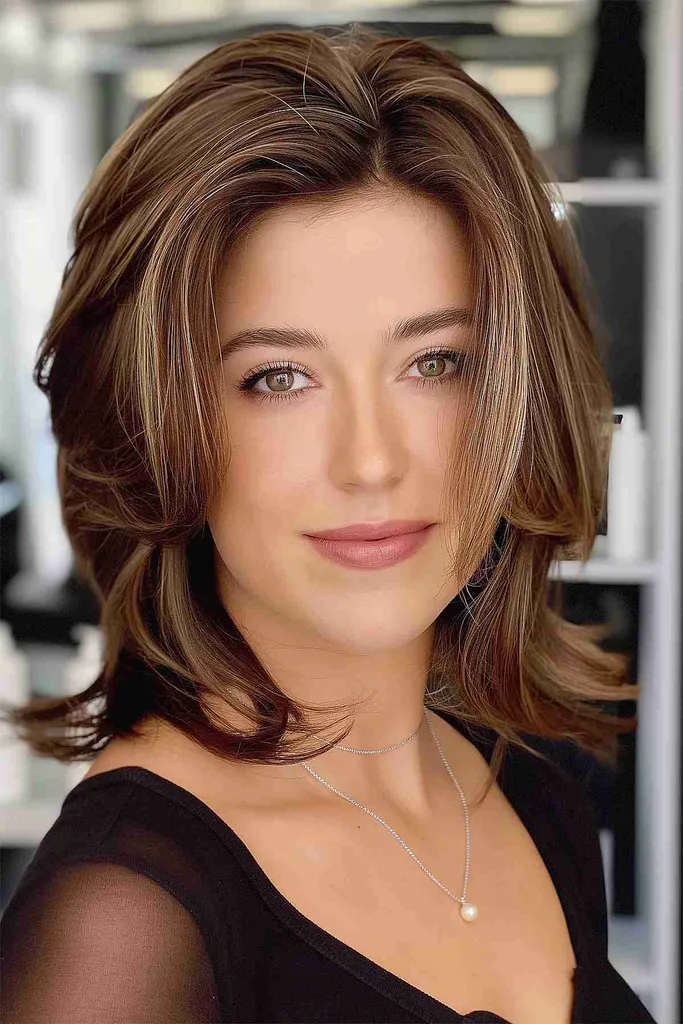 Lob stratificat pentru păr gros, cu lumini subtile' title=