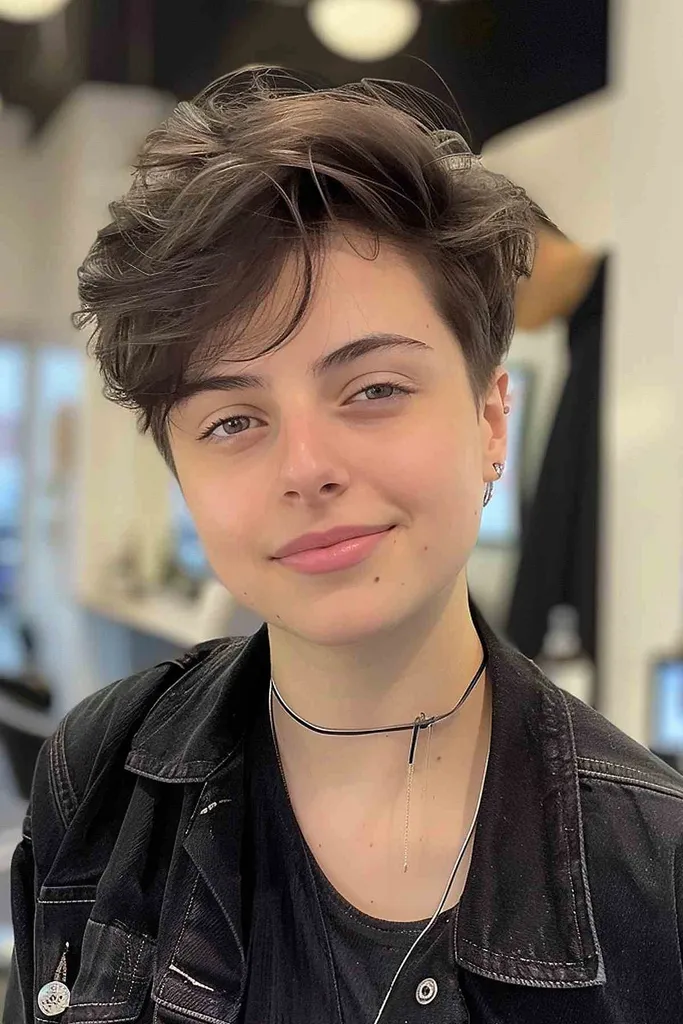 Croială pixie androgină elegantă cu straturi texturate' title=