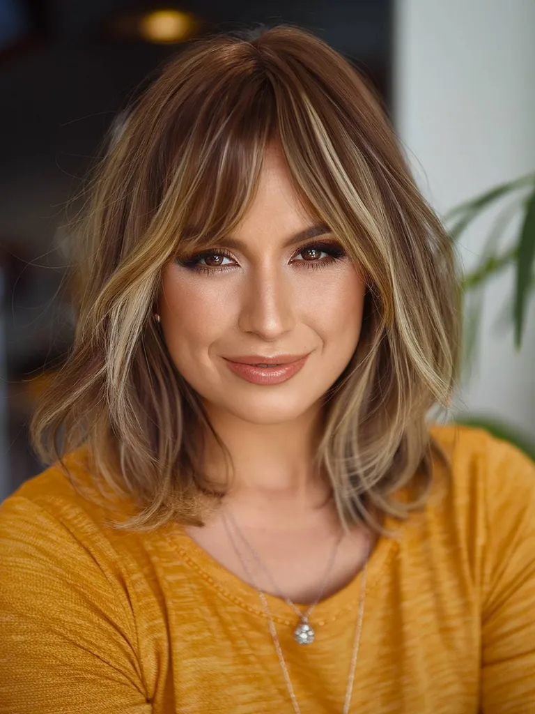 Söt frisyr med lugg och lager' title=