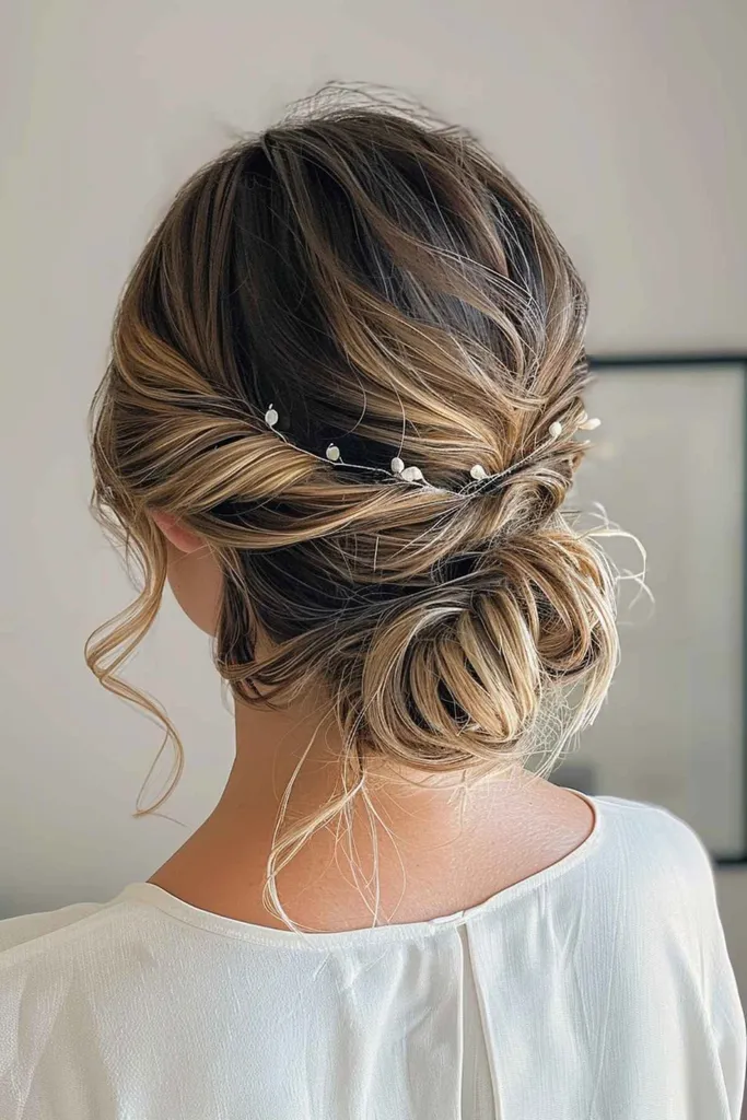 Joli chignon bas torsadé avec accessoire pour cheveux par temps chaud' title=